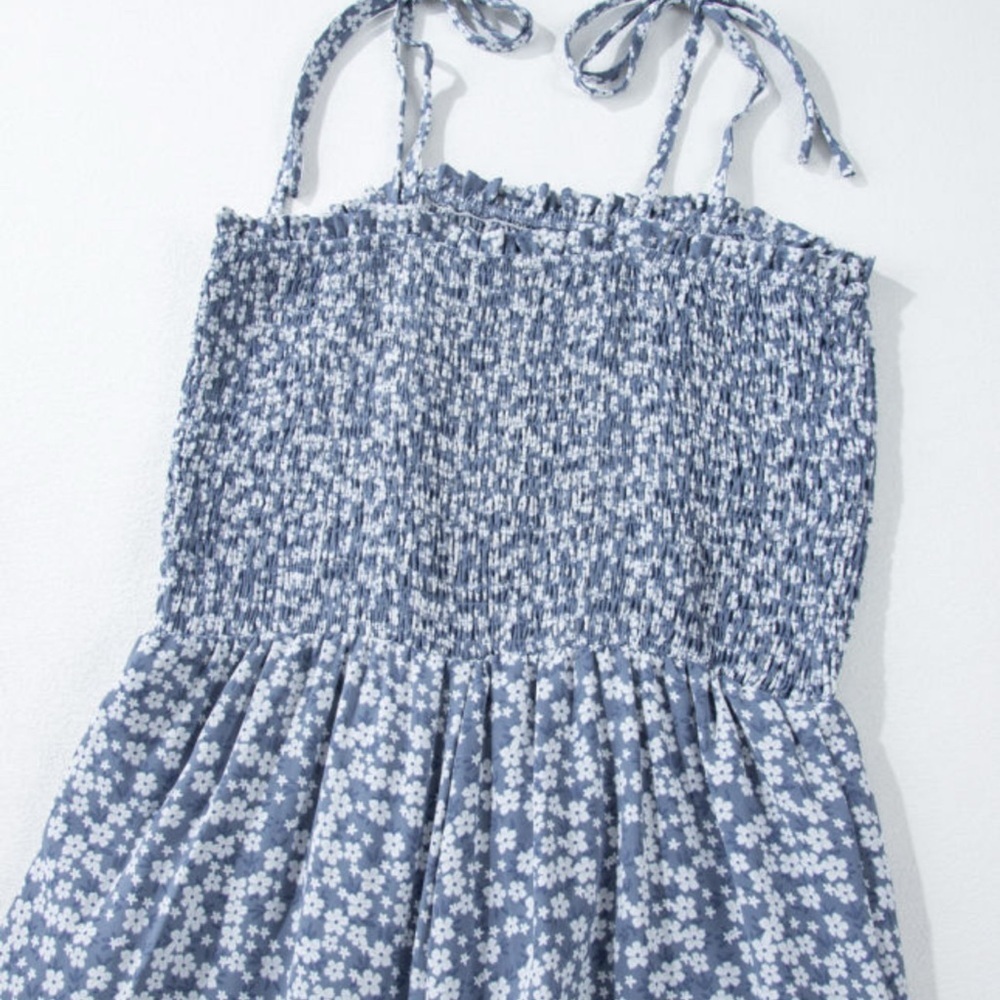 Smocked Blue Floral Wide-Leg Jumpsuit - Picture 6 of 7